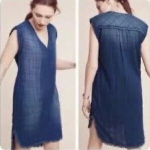Anthropologie Cloth & Stone Quilted Frayed Chambray Dress Small Petite